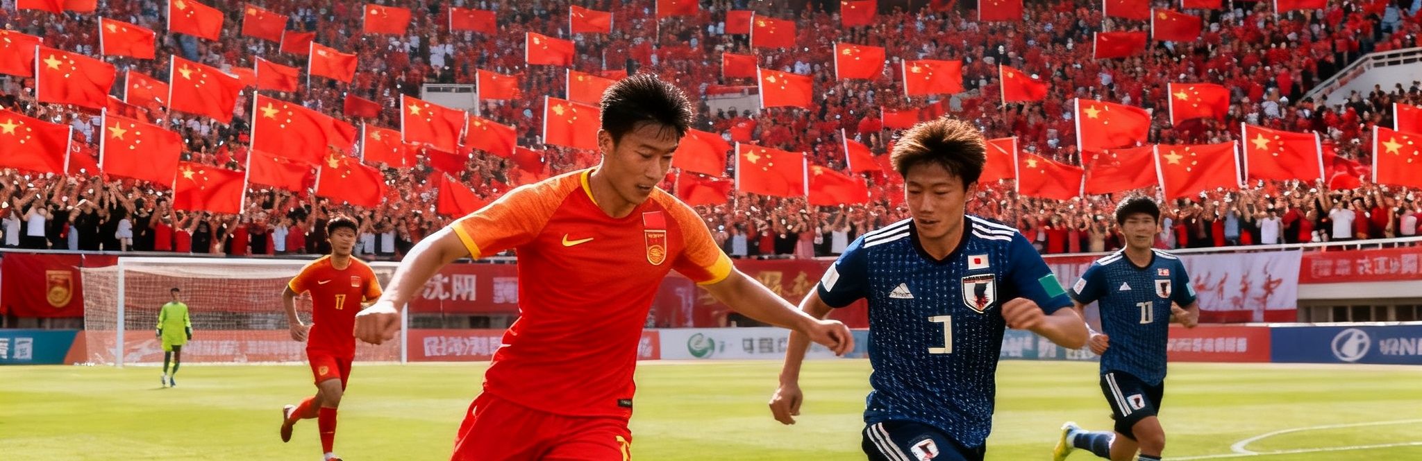2026世界杯亚洲区预选赛中国队主场迎战日本队，数万名球迷在沈阳奥体中心挥舞国旗助威，场上球员奋力拼抢